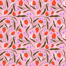Seamless Pattern With Leaves And Strawberries