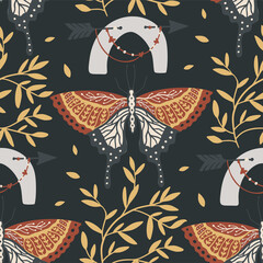 Wall Mural - boho butterfly vector pattern. moth seamless bohemian background with rainbow and floral drawing.