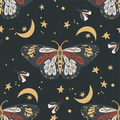 Wall Mural - boho butterfly vector pattern. moth seamless bohemian background. celestial art with moon and star.