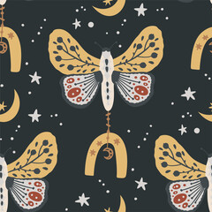 Wall Mural - boho butterfly vector pattern. moth seamless bohemian background. celestial art with moon and star.