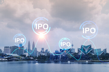 Wall Mural - IPO icon hologram over panorama city view of Kuala Lumpur. KL is the hub of initial public offering in Malaysia, Asia. The concept of exceeding business opportunities. Double exposure.