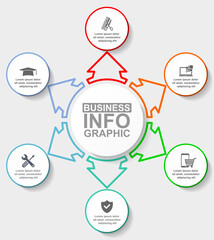 Poster - Business infographic vector template with 6 options, flat design educational diagram for presentation and webinar