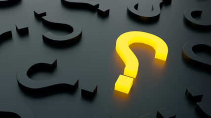 Poster - Yellow trendy question mark on a background black and grey signs. 3D Rendering