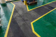 Safety Walkway On Ships Deck. Yellow Black Anti-slip Safety Walkway  For Ships Crew And Contractors. Passengers Or Contractors Footpath On Board Offshore Vessel.