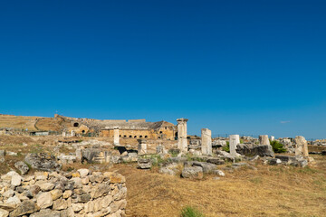 Hierapolis, Pamukkale,Turkey. June 3, 2019: Temple of Apollo and blue sky in Hierapolis, Ancient City.