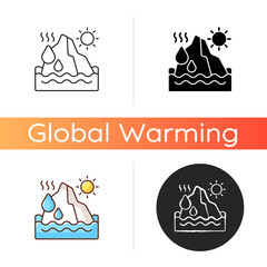 Canvas Print - Melting glaciers icon. World ocean level rising process. Iceberg diseapiring problem. People damaging climate. Linear black and RGB color styles. Isolated vector illustrations