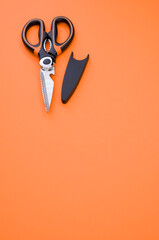 Poster - Vertical shot of scissors isolated on pink background. Cutting tool with zigzag blades, copy space