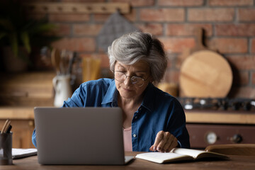 Focused middle aged 60s woman in eyeglasses working remotely on computer indoors. Concentrated elderly senior lady studying distantly on online educational courses at home office, e-learning concept.