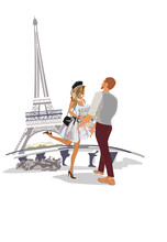 Romantic Hugging Couple Near The Eiffel Tower Among The Flowers. Travel Design Background For Postcard Etc.