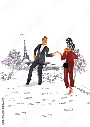 Romantic hugging couple near the Eiffel Tower among the flowers. Travel desig...
