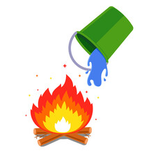 Pour Water From A Bucket And Put Out A Fire In The Forest. Flat Vector Illustration Isolated On White Background.