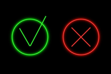 Tick icon set. Green tick and red cross check marks.Neon style icon. Ok or No. Green and red colors. Stock vector illustration on black isolated background.