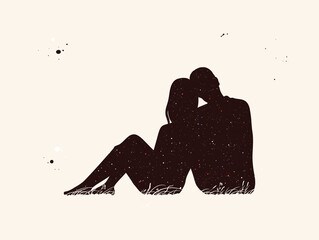 Canvas Print - Sitting people abstract silhouette. Couple of lovers. Night starry sky