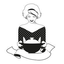 Beautiful Housewife Dressed In Retro Style Carrying A Pot And Banner For Text. Illustration For Home Cooking Or Vintage Restaurants.