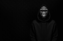 Black And White Collage - A Man With A Gorilla Head. Portrait Of A Gorilla In A Black Sweatshirt With A Hood On His Head. Magazine Culture Concept In Modern Style.
