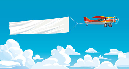 Aircraft red with ribbon banner advertising, in the sky above the clouds. Vector