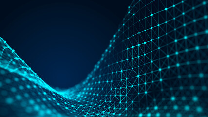 Poster - Connected polygons in a geometric background. Cybernetic particles network connection 3d rendering.