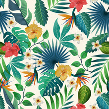 Seamless pattern with tropical beautiful strelitzia flowers and leaves exotic background.