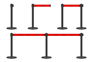 Realistic vector retractable belt stanchion. Crowd control barrier posts with caution strap. Queue lines. Restriction border and danger tape.