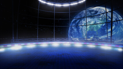 Wall Mural - Trip to space concept virtual show stage background, ideal for tv shows, commercials or events. A 3D rendering, suitable on VR tracking system sets, with green screen