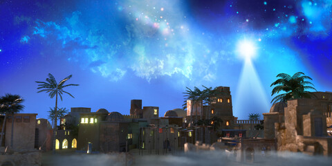 the star shines over the manger of christmas of jesus christ, 3d render