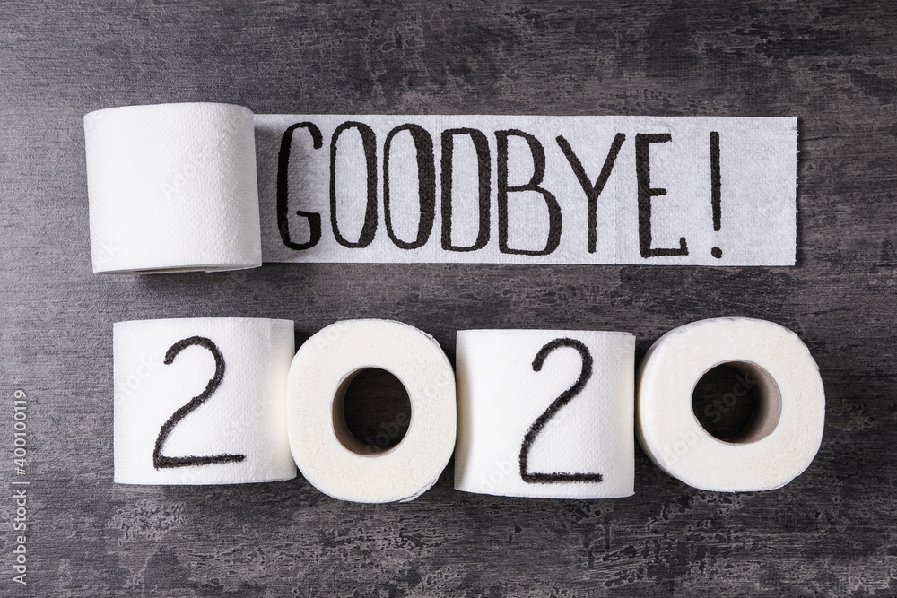 Text Goodbye 2020 made with toilet paper on grey stone background, flat lay - obrazy, fototapety, plakaty 