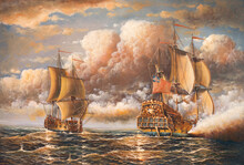 Fight Of Two Military Sailing Ships At Sea. Old Oil Painting