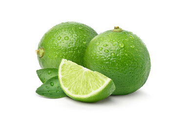 Wall Mural - Fresh lime with sliced and water droplets isolated on white background.