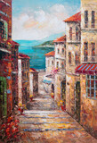 Fototapeta Uliczki - Summer old narrow streets of the coastal town. Oil painting