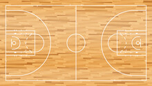 Basketball Court With Wooden Parquet Flooring And Markings Lines. Outline Basketball Playground Top View. Sports Ground For Active Recreation. Vector