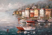 Marina Of An Old Coastal Town With Sailing Yachts. Oil Painting