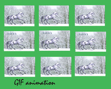 Set For Gif-animation, Horse, Falling Snow, Against The Background Of A Winter Forest And A Horse In The Style Of "low Poly" Frames For Gif File