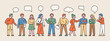 © MINIWIDE - A collection of people characters talking. Casual fashion student characters stand side by side and chat with each other. flat design style minimal vector illustration.