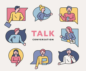 Poster - Conversation people icons collection. People are making gestures in various types of speech balloons. flat design style minimal vector illustration.