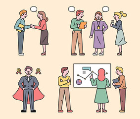 Wall Mural - business people are working as a team. people shake hands, give opinions, and give presentations. fl