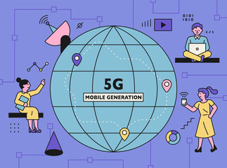 Poster - 5G internet technology concept poster. People and technology icons using networks are decorated around the globe. flat design style minimal vector illustration.