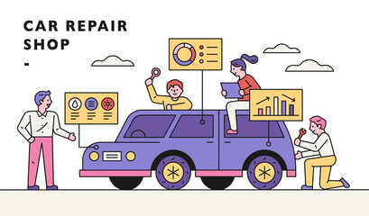 Wall Mural - Car repair shop banner. Automotive experts are analyzing and repairing problems around the car. flat design style minimal vector illustration.