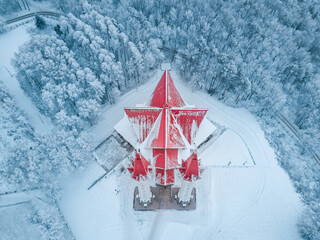 Wall Mural - Aerial top point of view of the famous landmark of Ufa city and Bashkortostan - Lala Tulip mosque during sunset in winter season. Islamic religion and muslim culture in Russia concept