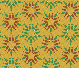 Poster - Seamless geometric pattern with the image of small fish, sea, fishes. Vector design for web banner, business presentation, brand package, fabric, print, wallpaper, postcard.
