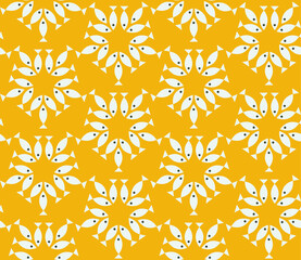 Poster - Seamless geometric pattern with the image of small fish, sea, fishes. Vector design for web banner, business presentation, brand package, fabric, print, wallpaper, postcard.