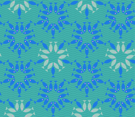 Poster - Seamless geometric pattern with the image of small fish, sea, fishes. Vector design for web banner, business presentation, brand package, fabric, print, wallpaper, postcard.
