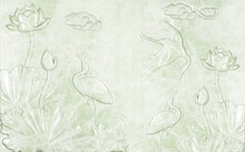3d Illustration, Green Marble Background, Embossed Ceramic Water Lilies And Herons