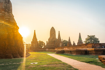 Wat Chaiwatthanaram temple at sunset in a historical park in Ayutthaya, Thailand.