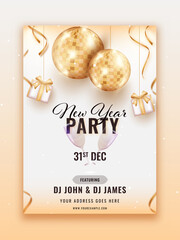 Sticker - New Year Party Flyer Design With Golden 3D Disco Balls And Gift Boxes Hang On Glossy Background.