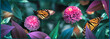 Lovely monarch butterflies on pink flowers in a fairy garden. Summer spring background. Banner format.