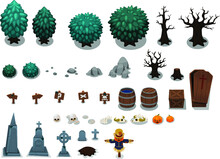 Set Of Graveyard Objects And Plants