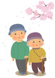 桜を見ながら散歩をしている老夫婦