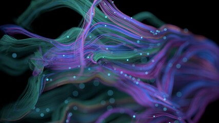 Poster - Abstract glowing green and purple fibers on a black background, shallow DOF. 3D render / rendering.
