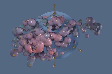 Poster - cluster of abstract spheres and blobs, gold, pink and blue, 3d render / rendering