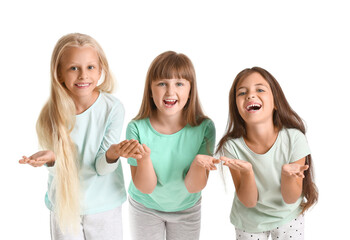 Poster - Emotional little girls in pajamas on white background